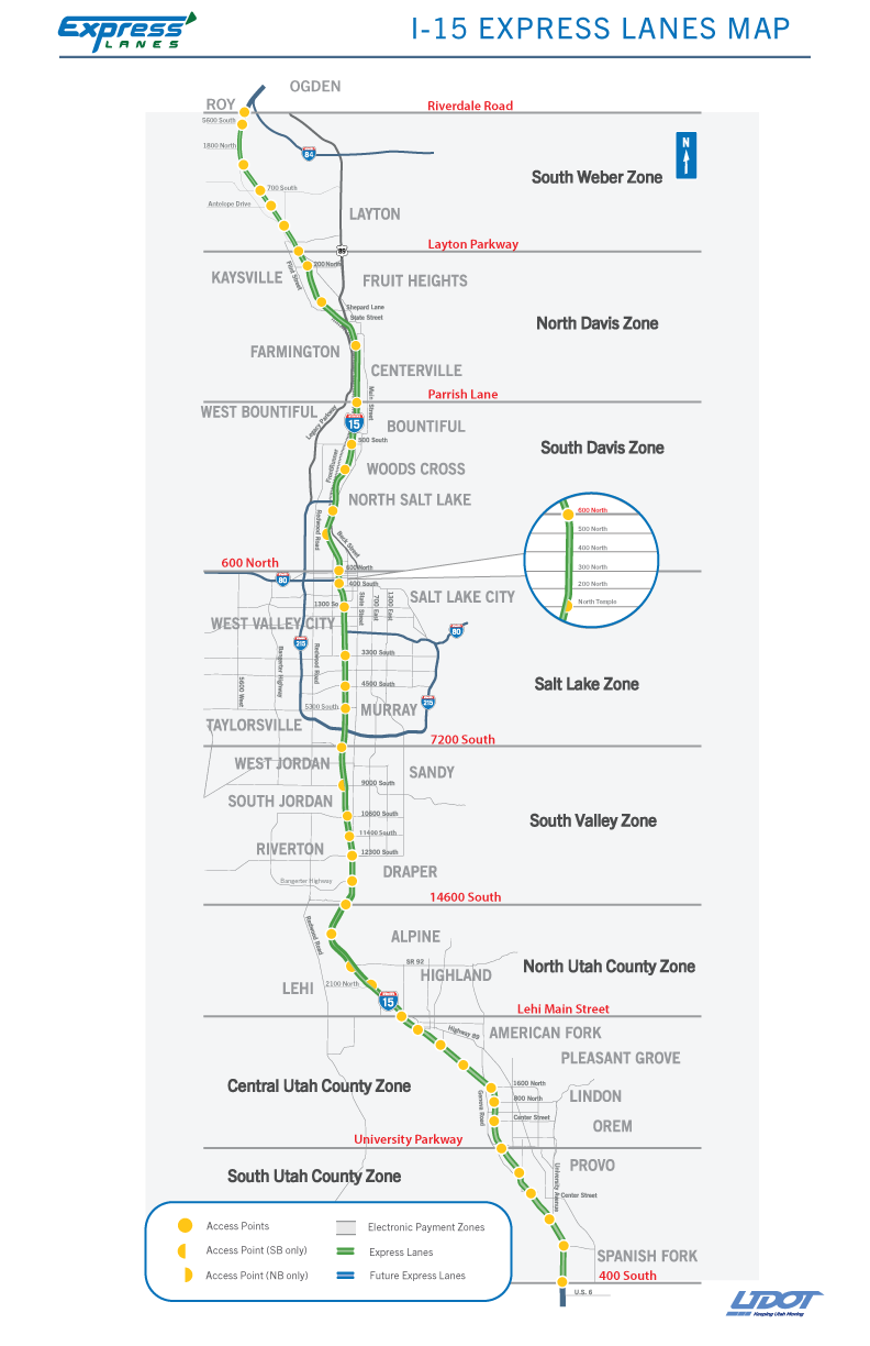 Map of the Express Lane System, from Riverdale Road in Roy to 400 South in Spanish Fork.