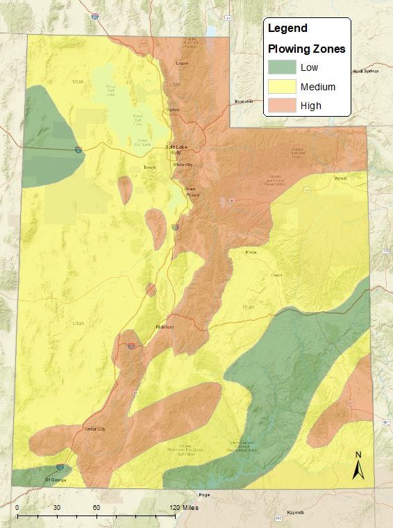 Map with red over higher elevations showing High Plowing Zones and Green over lower elevation areas indicating Low Plowing Zones