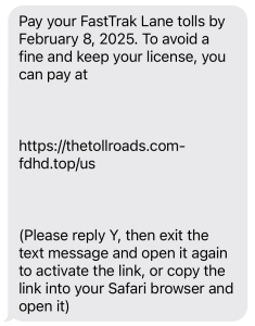 FastTrak Lane tolls Scam Text