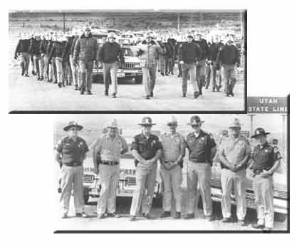 Historical photos of UHP troopers marching and in front of a car