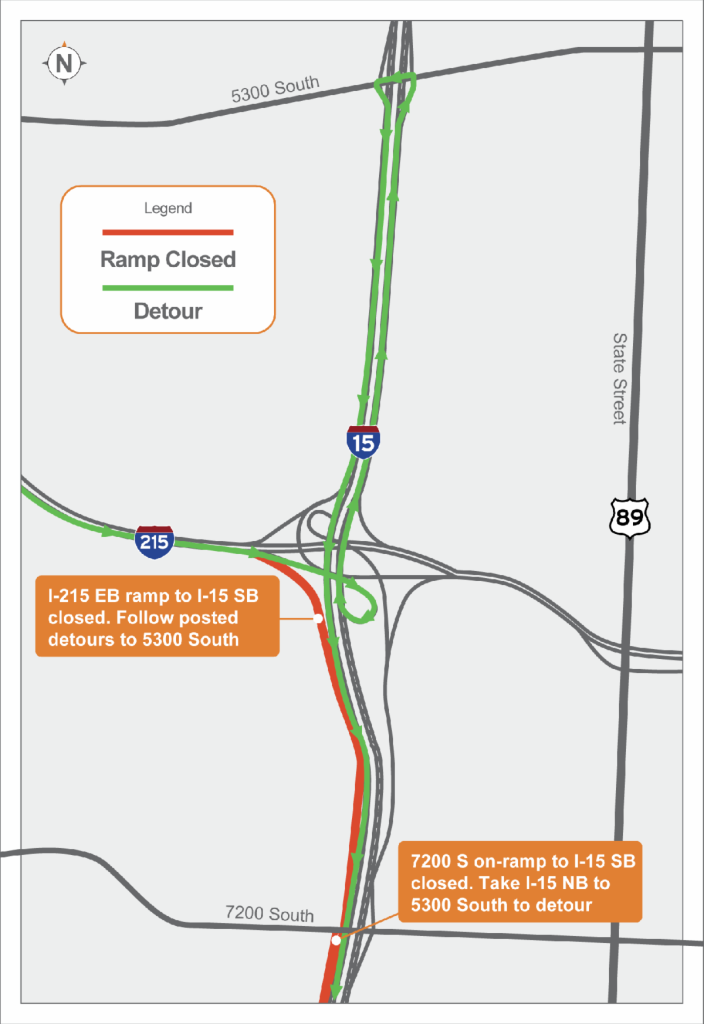 Diagram of ramp closures and detours in Salt Lake and Davis County June 21 to June 23, 2025