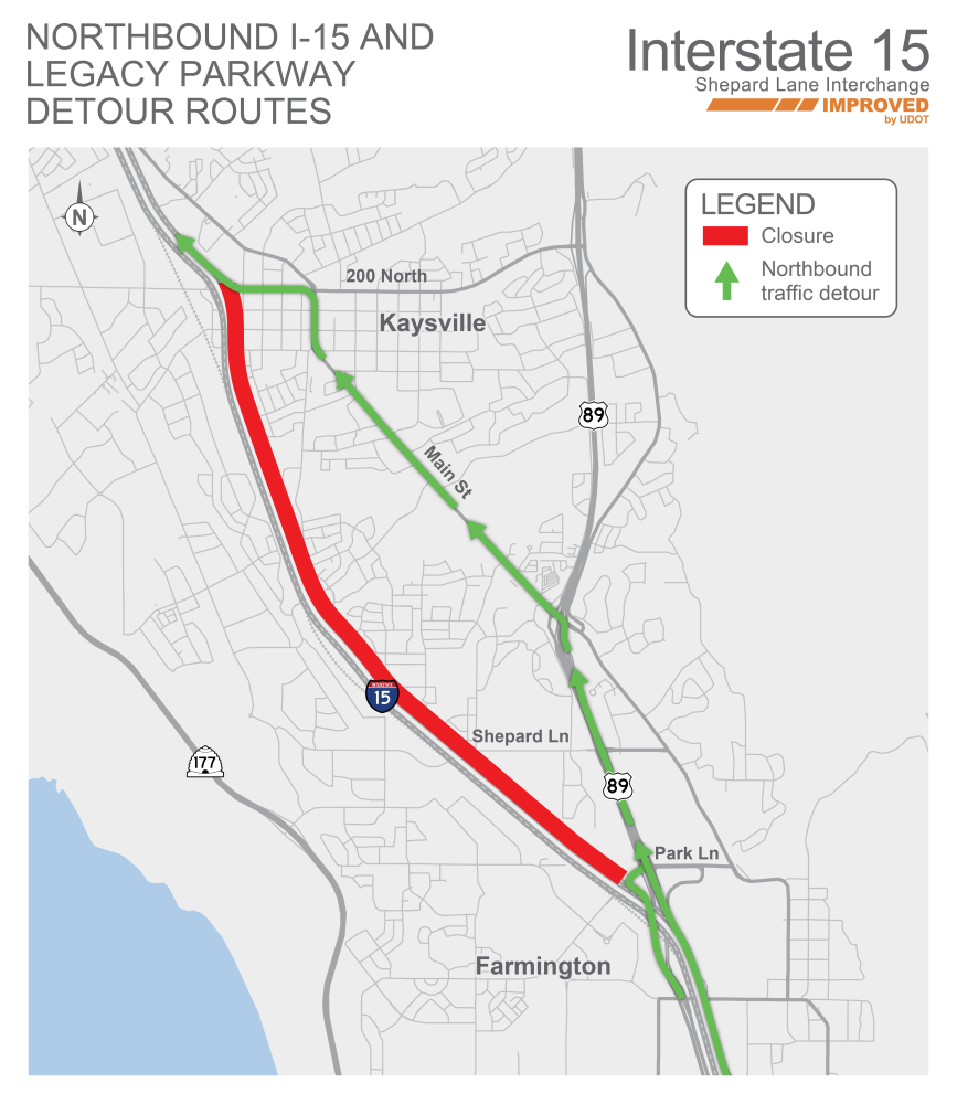Map showing northbound I-15 and legacy parkway detour routes