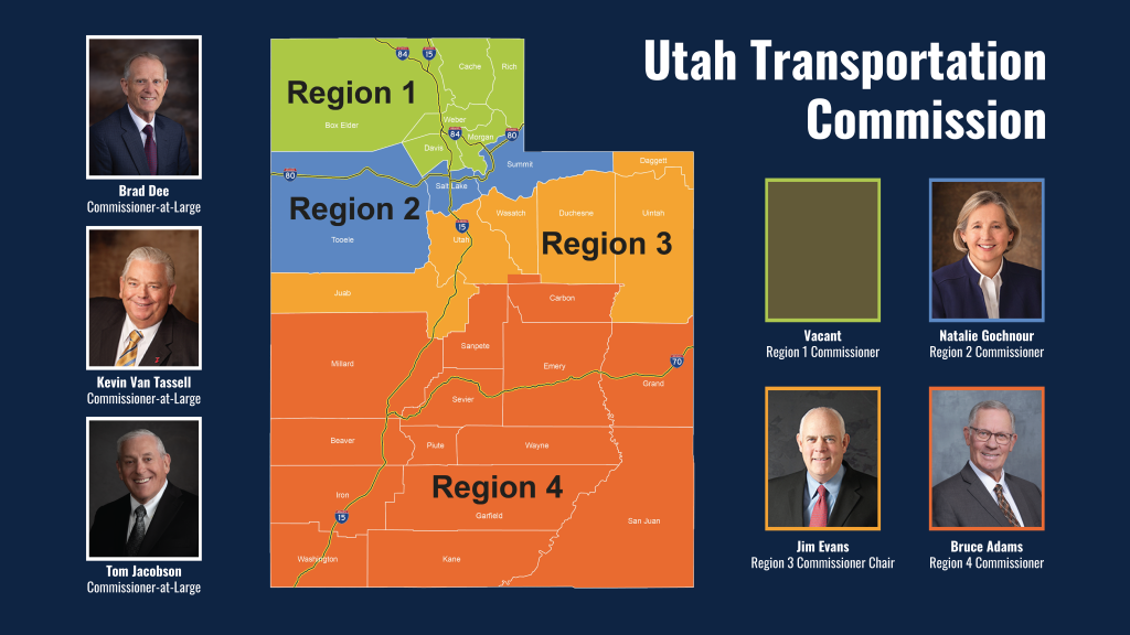 Graphic showing Utah Transportation Commissioner photos and Region Assignments