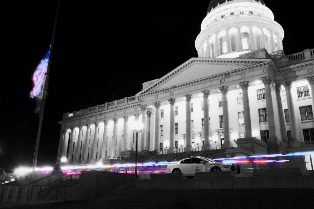 UHP charger in front of the state Capitol building at night