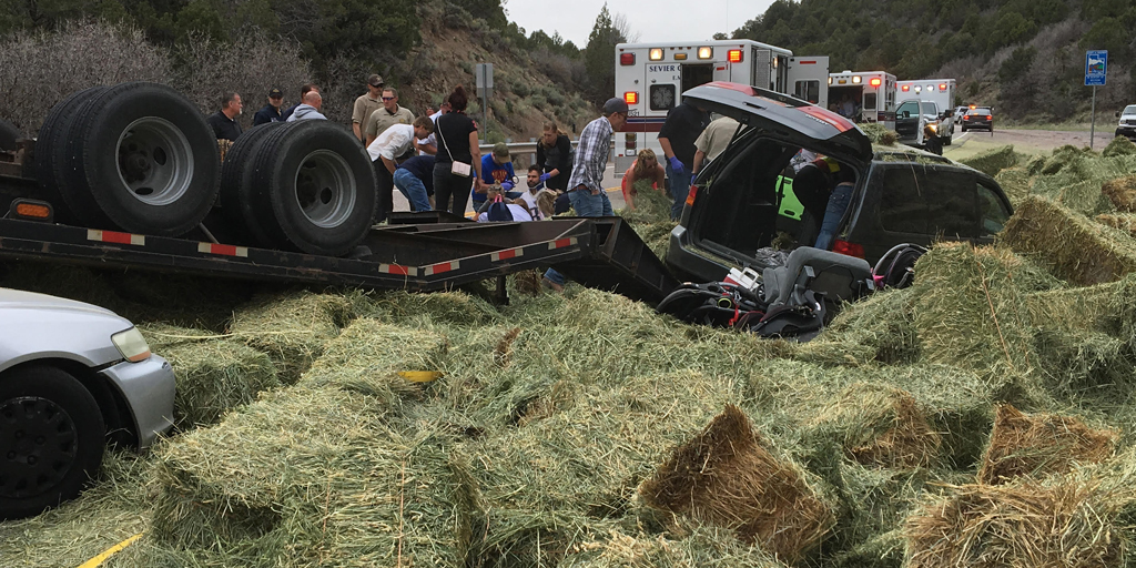 Improperly secured hay bales led to a crash that resulted in 8 people being hospitalized.
