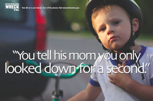 Poster with little boy "You tell his mom you only looked down for a second"