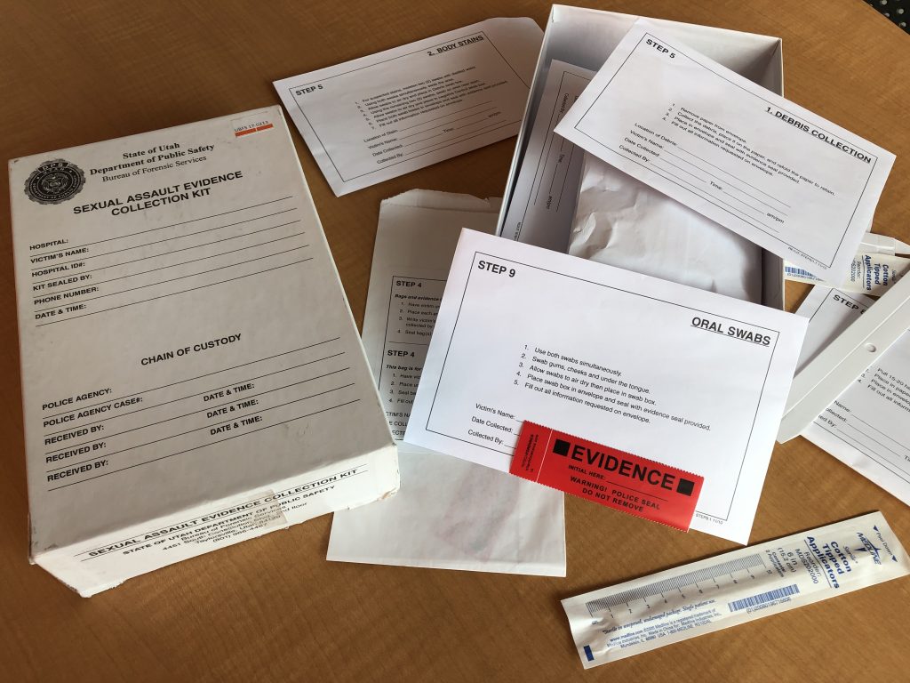 The sexual assault evidence collection kit include numerous envelopes that are used for evidence collection.