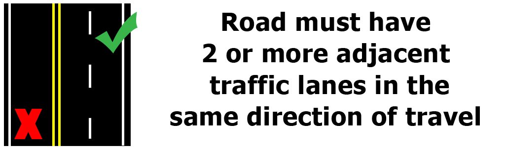 A motorcycle can only lane filter on a roadway with 2 or more adjacent traffic lanes in the same direction of travel.