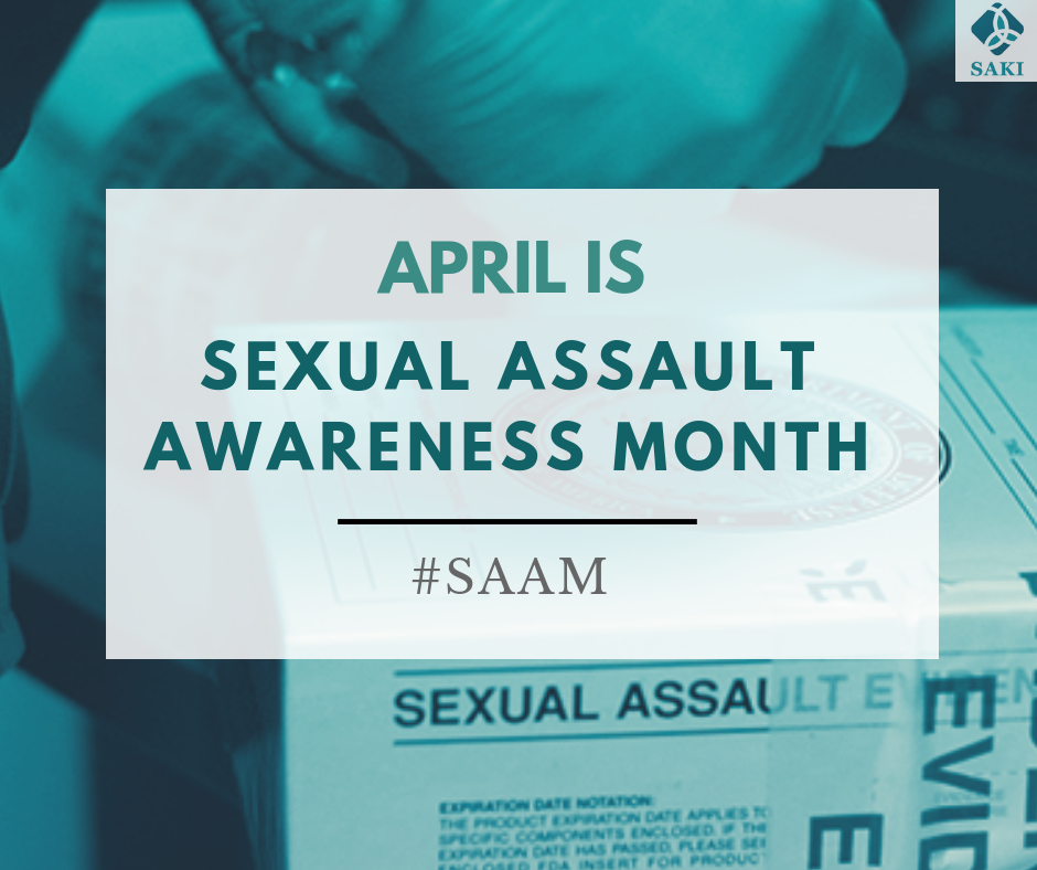 Photo of sexual assault evidence kit with overlaid text "April is Sexual Assault Awareness Month"