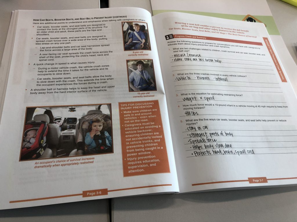 Pages from the Child Passenger Safety technician training book