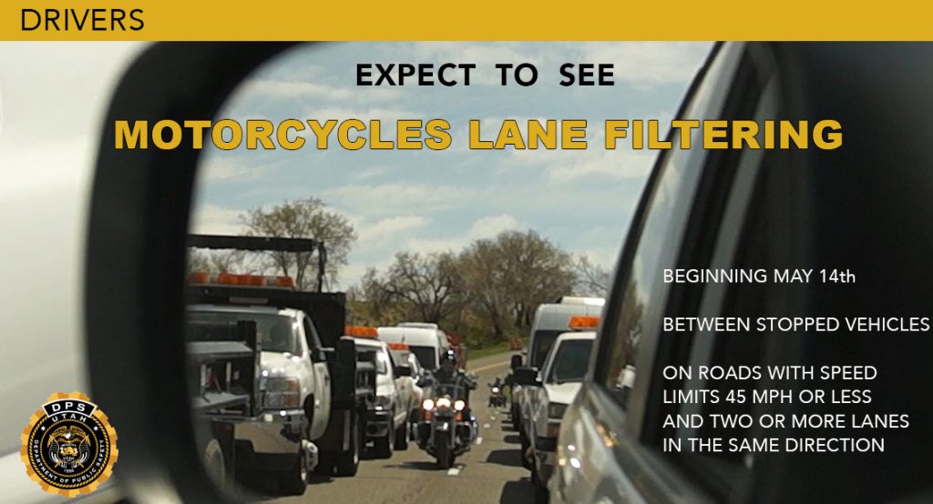 Drivers should expect to see motorcycles lane filtering between stopped vehicles starting May 14th.